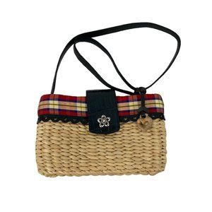 Brighton Straw Wicker Shoulder Crossbody Bag Purse Black Leather Plaid Fabric